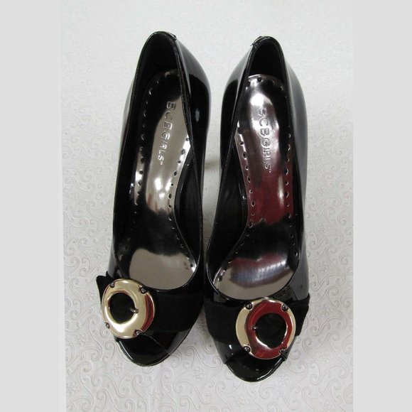 BCBGirls Bobby Black Patent Open Toe Heels 7.5 New - Picture 2 of 4